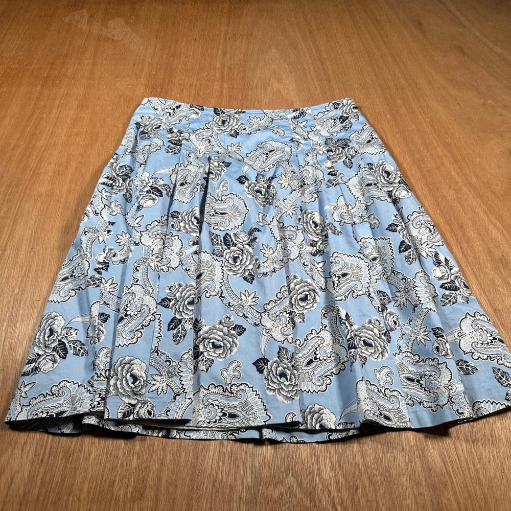 Talbots A-Line Skirt Women 8P Blue Paisley Floral Pleated Cotton Blend Petite